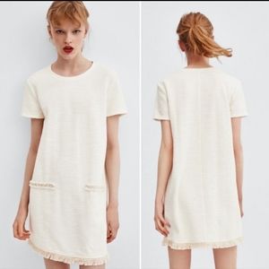 Zara Off White Fringe Tweed Shift Dress Small